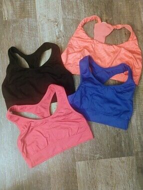 Lot of 4 Racerback Sports Bras - Coral Print, Black, Blue, Pink